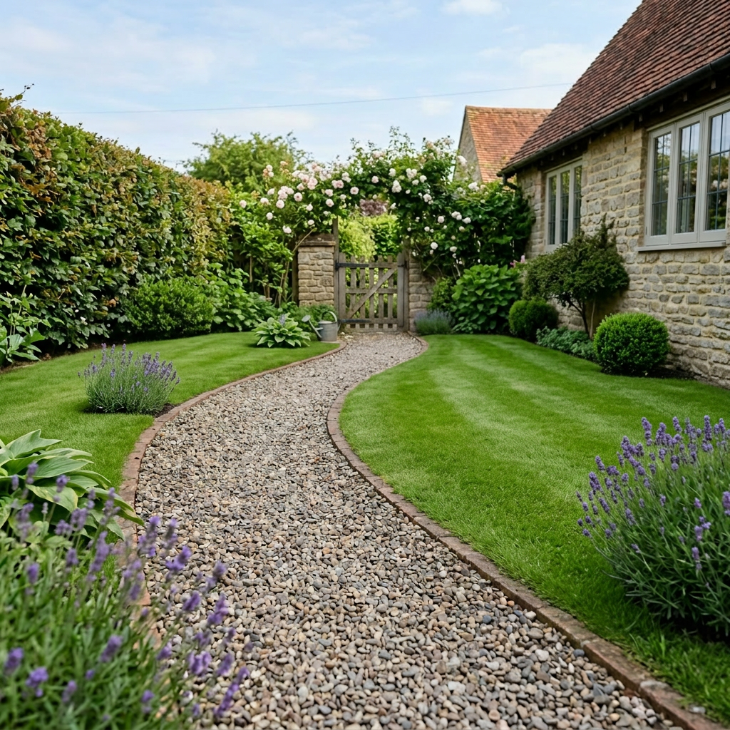 Curved gravel pathway bordered by colorful flowers and greenery leading to a wooden gate under a floral arch